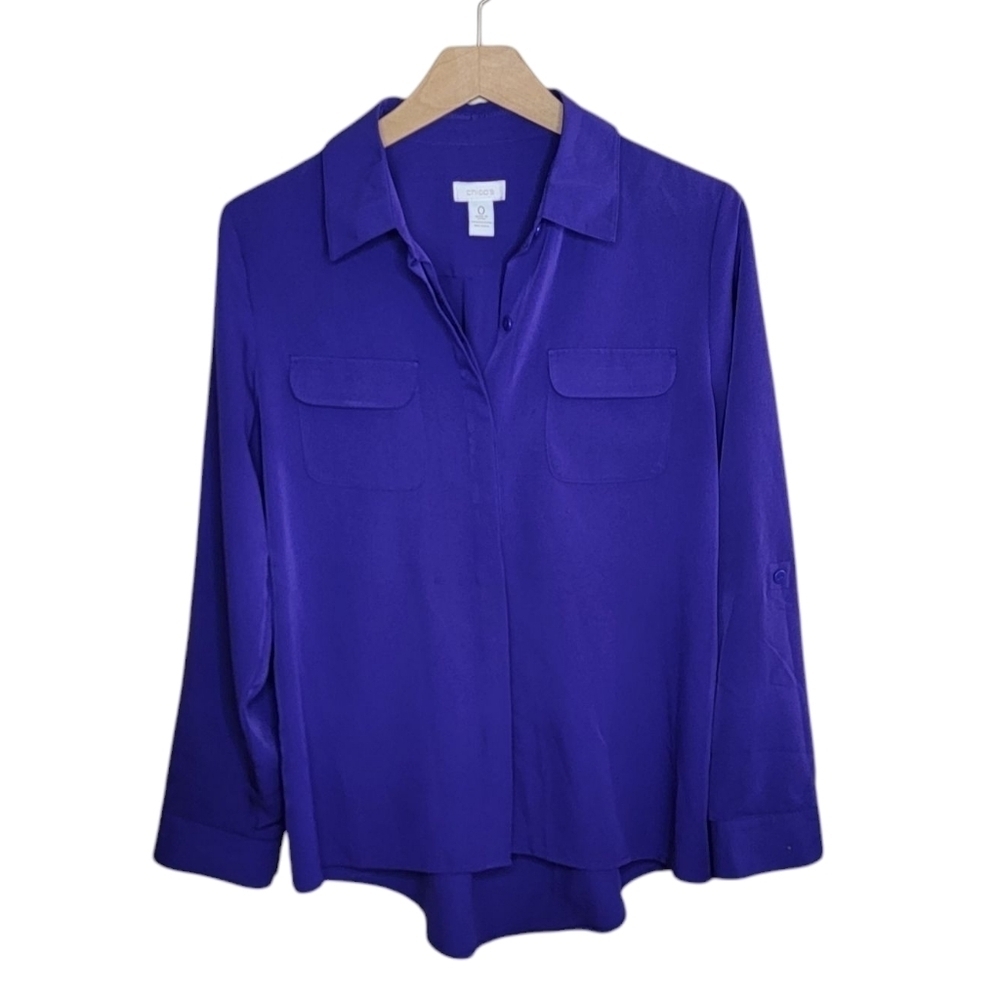 Chico's Purple Long Sleeve Roll Tab Blouse Chico's Size 0 Small